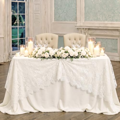 CrystalSylara Ivory Sweetheart Tablecloth Set with Flowy Skirt and Lace Overlay for Dining and Event Decor