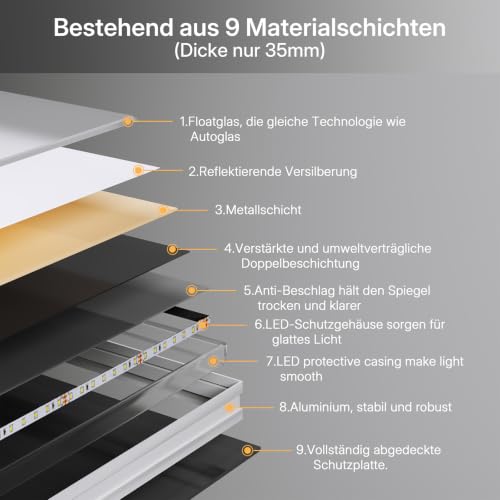 Dripex LED Badspiegel 60 x 80 cm, 3 Lichtfarben, Antibeschlag fürs Bad – Ansicht 6