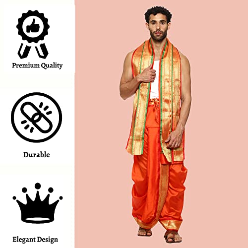 Image of Rameshwaram Fabrics Readymade Dhoti for Men, Velcro Style Stitched Mens Silk Dhoti Pant with Stole Set