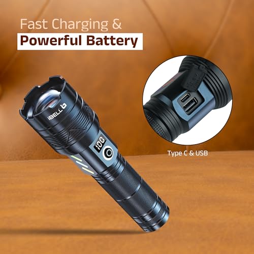 Image of IBELL FL8498S Torch, High Power Rechargeable LED Torch Light, Long Range Flashlight with LCD Power Display & Zoom Focus, Heavy-Duty Build for Outdoor & Emergency Use (Black)