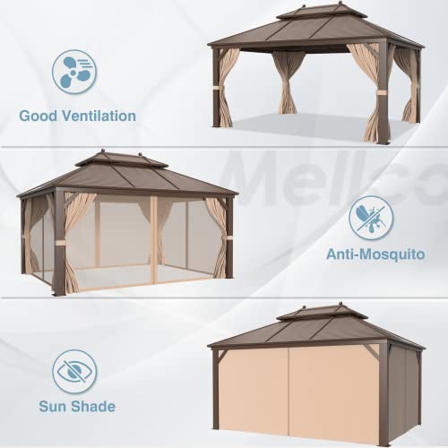 Mellcom 10' X 13' Hardtop Gazebo, Galvanized Steel Metal Double Roof Aluminum Gazebo With Curtains And Netting, Brown Permanent Pavilion Gazebo With Aluminum Frame For Patio, Lawn & Garden #TOP7