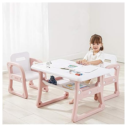 Qazqa Kids Desk and Chair Set, Children Study Table & 2 Chairs, Home School Use, Art Writing Reading Desk with Storage Rack, Activity Toddler Furniture Gift for Boys & Girls (Pink)