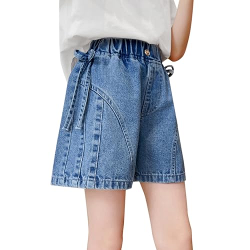 Girls Shorts Casual Wide Leg Elastic Waist Denim Short Pants for Kids Fashion Cute Bow Washed Jeans (Blue, 12-13 Years)