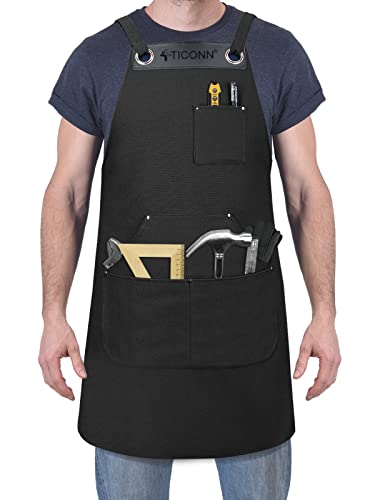 TICONN Heavy Duty Waxed Canvas Apron, 16oz Thick Canvas Multi-Functional Work Apron for Woodworking, Metalworking (Standard, Black)