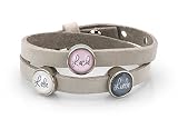 Lederarmband - grau, mit Wunschtext, 3 Schiebeperlen in grau, weiß & rosa - Modeschmuck Personalisiert Individuell Perle Damenschmuck Armband Namensperle Glascabochon Geschenkidee