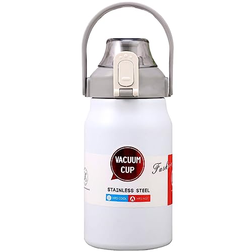 Insulated Water Bottle with Straw for Adults, 32 oz Large Thermal Vacuum Cups for Hot and Cold Drinks, BPA Free Stainless Steel Thermoses Leak-proof Flask for Men and Women Sports Gym(White)