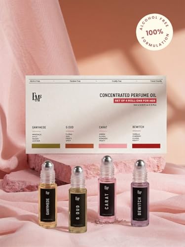 Image of EM5 Set of 4 Pure Perfume Oil (Attar) Roll-On for Her - Skin Safe, FDA Approved, IFRA Compliant | Alcohol Free & Travel Friendly | Ganymede, G Oud, Carat, Bewitch - Strong & Long Lasting Roll On Perfume | Luxury Gift for Her | 3ml x 4