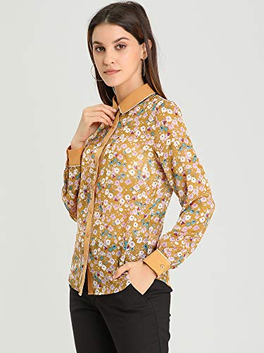 Allegra K Women's Button Down Shirt Long Sleeve Contrast Collar Floral Blouse Top Medium Yellow #TOP3