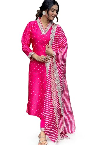 Image of Jwalin Women's Chinon Silk Embroidered Kurta and Pant Set with Dupatta|Kurta Set for Women|Ethnic Set|Kurti Set