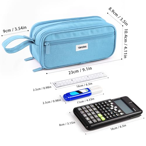 Image of TOPBIDAI Large Pencil Case Pouch for Girls Boy Women Men Adults | Big Capacity Canvas Pencil Bag, Office School Supplies, Multi Compartment Zipper Stationery Pen Box (Sky Blue)
