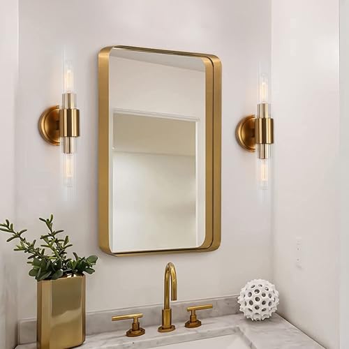 Image of Gold Bathroom Light Fixtures with Clear Glass, Brushed Brass Modern Wall Sconces Over Mirror, Vanity Lights for Bathroom Living Room Bedroom Hallway E26 T10 Bulbs(Exclud)