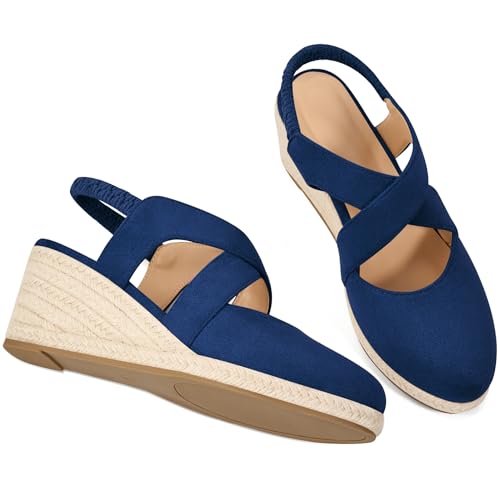 Image of HARENCE Espadrilles Wedge Sandals for Women: Comfortable Closed Toe Ankle Strap Elastic Shoes Summer Dressy Platform Heels