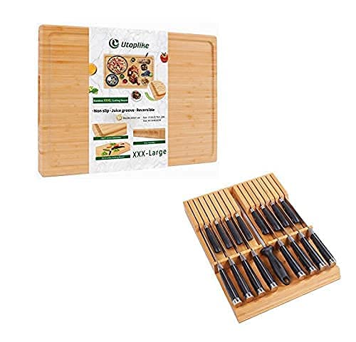 Utoplike In-Drawer Knife Block Bamboo Kitchen 16 Knifes Drawer Organizer And Extra Large Bamboo Cutting Board 24 X16 Inch #TOP4
