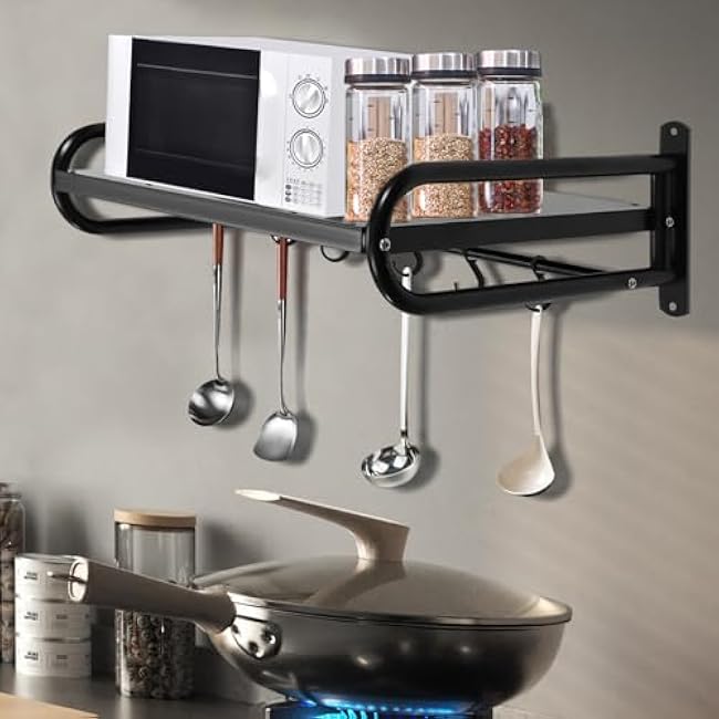 Microwave Oven Rack Shelf Metal Solid Color Wall Mount Microwave Oven Shelfs with 6 Hooks Modern Microwave Shelf fits Most Microwaves, 20.87 * 14.96 * 7.09 inch (Black)