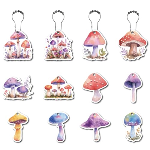 CREATCABIN 12Pcs 12Styles Mushroom Shower Curtain Hooks Metal Shower Curtain Rings Wood Pink Purple Curtain Hooks Shower Curtain Hanger with Stainless Steel Chain for Bathroom Decoration