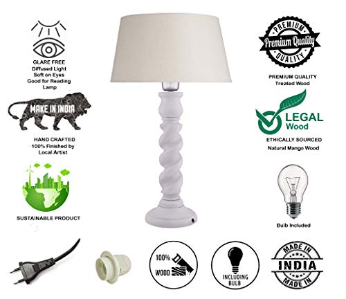 Image of Homesake Classic Twister Wooden Table Lamp with Fabric Shade | Handcrafted Bedside Lamp with E27 Holder| Bulb Included |Warm Light Night Lamp for Bedroom, Living Room, Study & Home Decor, Beige