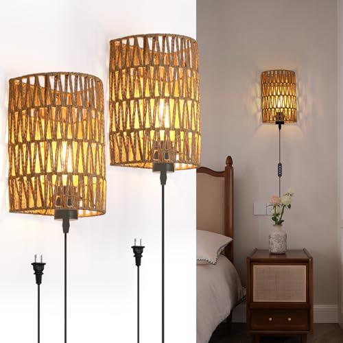 Image of FINCMY Boho Wall Decor Plug in Wall Sconces, Dimmable Sconces Wall Decor Set of 2, Natural Hemp Rope Boho Decor, Plug in Wall Light with Remote, LED Bulbs Included