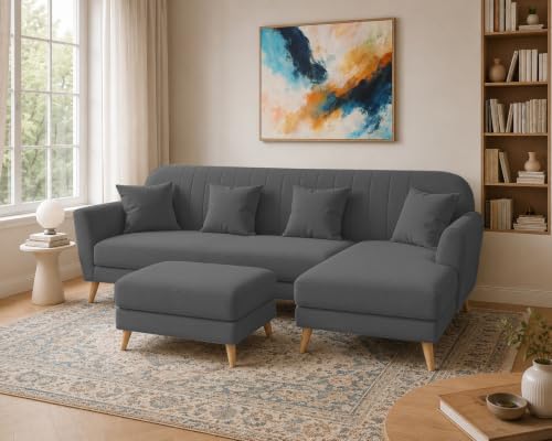 Image of Atticus RHS 6 Seater L Shape Sofa Set with Ottoman Living Room (Black Colour Fabric) Premium Fabric Sofa Set for Living Room