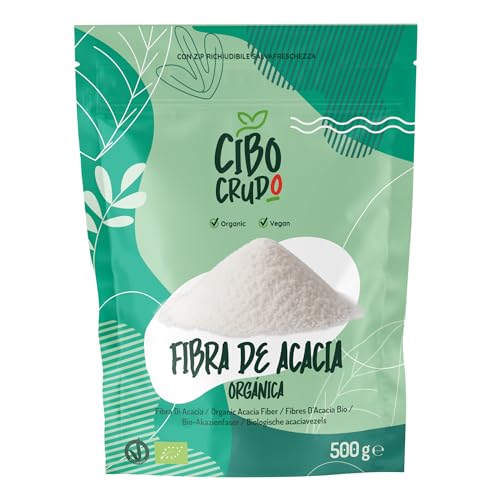 CiboCrudo Fibra de Acacia Orgánica en Polvo - 500g. Alto Contenido en Fibra Soluble Para Adelgazar (85%) Sin Azúcares. Goma Arabiga Dietética Vegana para Dietas Cetogénicas y la Digestión