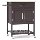 Giantex Kitchen Island Cart with Rubberwood Top, Rolling Serving Utility Cart with Drawer, Storage Cabinet, Open Shelf & Towel Rack, Coffee Bar Cart on Wheels for Living Dining Room (Brown)