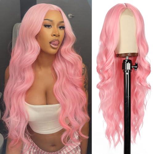 Colorful Queen 26 Inch Pink Wig Long Wavy Pink Wigs for Women Middle Part Synthetic Heat Resistant Wig for Daily Party Cosplay Use
