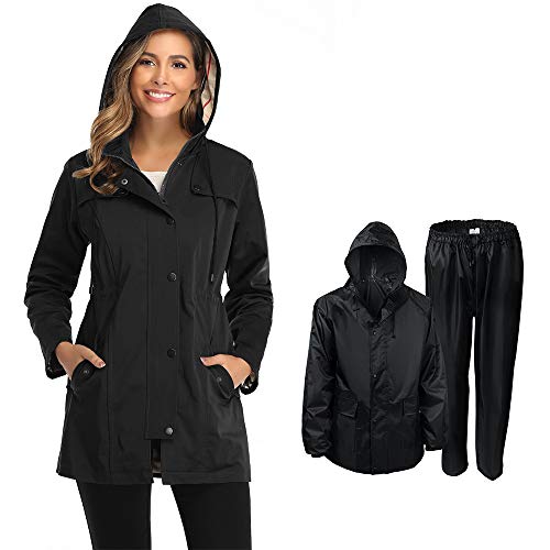 1 Water-resistant Rain Jacket with 1 Waterproof Rain Suits (Black Bundle)