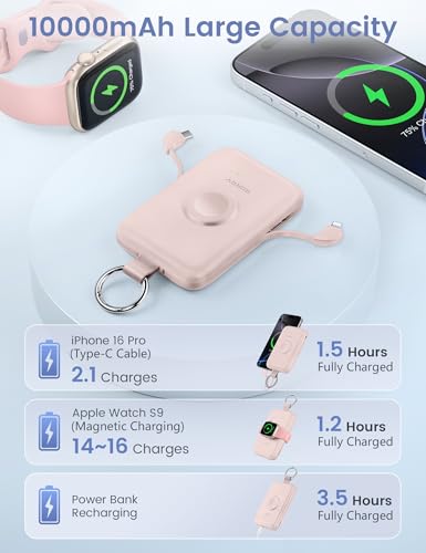 Image of RORRY CharmGo Portable Charger, 10000mAh 20W Fast Charging Portable Charger Power Bank with Built in Cables, Travel Battery Pack for iPhone 17 /16 /15 /14 /13 /12 and Apple Watch, Pink