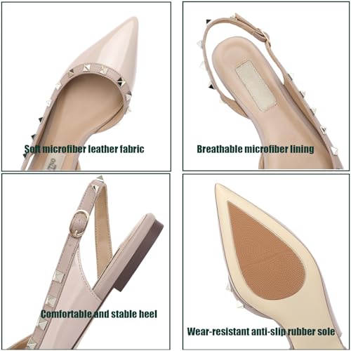 Helenbra Women's Rivet Pointed Toe Closed Toe Flats Sandals,Sexy Studded Adjustable Buckle Slingback Shoes Comfort Slip On Walking Travel Office Ballet Flat Shoes2