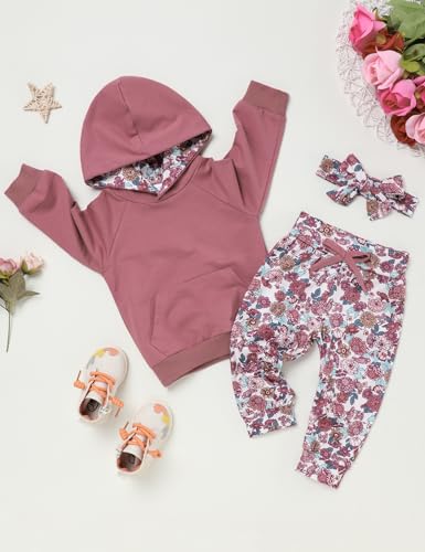 Image of Baby Girls Long Sleeve Flowers Hoodie Tops and Pants Outfit with Kangaroo Pocket Headband