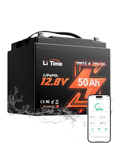 LiTime 12V 50Ah LiFePO4 Batterie Bluetooth für Trolling Motoren, mit 50A BMS Low-Temp Protection, Max. 15000 Zyklen 640Wh Lithium Akku Ideal für Yacht, Marine, Boot, RV, Fishing Finder