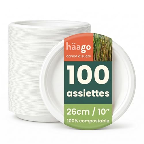 HAAGO 100 Assiettes Jetables Solides & Compostables 26 cm / 10 – Canne à Sucre (Bagasse) – Assiettes Carton Rigides, Anti-Graisse & Anti-Fuites – Pour Chaud & Froid, Fêtes, BBQ, Traiteur
