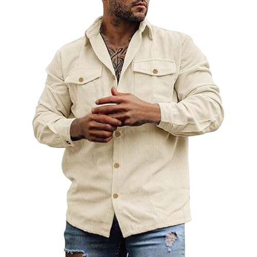 Fccrian Herren Cordhemd - Casual Smart mit Brusttasche, Button-Down-Kragenhemden, weiche Arbeitshemden, Ausgehen Top, beige, M