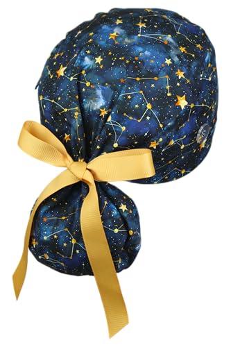Image of Scrub Cap for Women and Men, Ponytail Scrub Caps, Working Hat, Head Cover with Ribbon Ties and Buttons, Long Hair