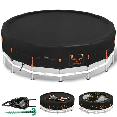 15Ft Round Pool Cover [2026 Upgraded 4-Way Windproof System] - 500D One-Piece Tear-Resistant Solar Pool Covers for Above Ground Frame Pools with Tightening Ratchet Straps Drawstring and Ground Nails
