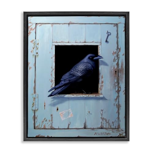 Rustic Crow Perched Door Hanging Key, 16 x 20 Inch Canvas in Floater Frame