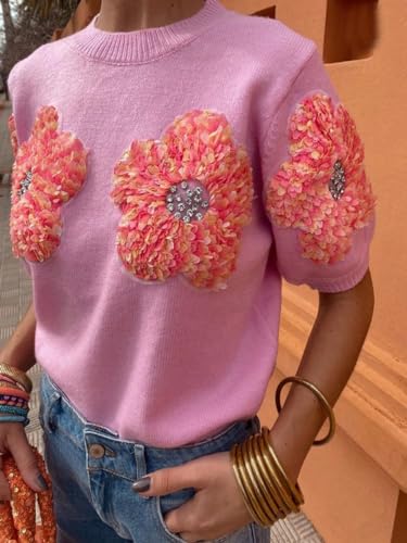 Image of Women Flower Knitted Sweater Elegant Crew Neck Summer Puff Short Sleeved Sweater Pullover Tops Pink, Small