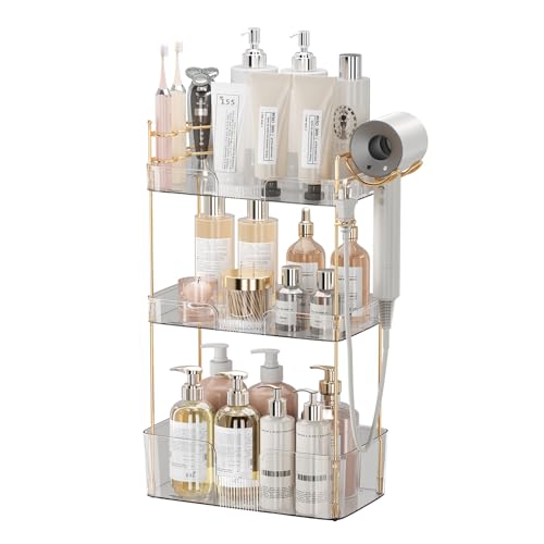 Image of Akinbas 3 Tier Bathroom Organizer Countertop Makeup Perfume Tray Skincare Organizer Comes with Hair Dryer Rack and Toothbrush Holder for Bathroom Dresser Vanity (White)