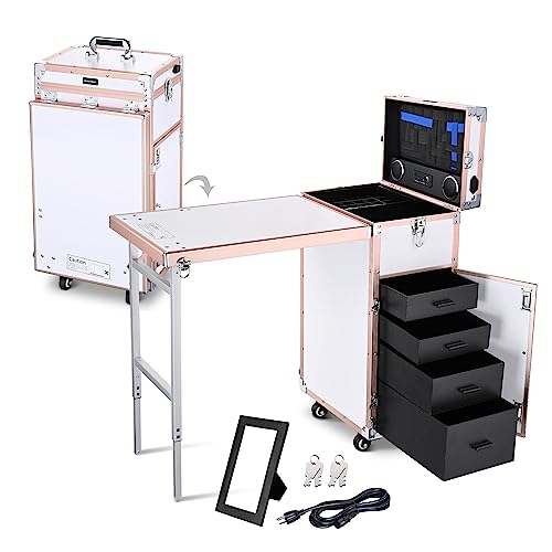 Byootique Rolling Manicure Table Nail Desk Makeup Train Case Foldable Cosmetic Trolley Travel Storage Organizer Nail Tables With 4 Drawers Mirror & Speaker For Technician Workstation Salon #TOP7