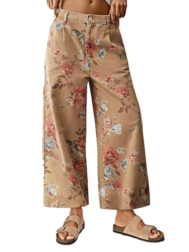 Flamingals Floral Print Wide Leg Cropped Pants for Women Trendy Mid Rise Boho Ankle Cute Jeans