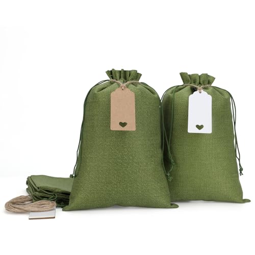 Tapleap Burlap Bags with Drawstring - 10Pcs 8x12 Green Gift Sacks for Wrapping St. Patrick's Day Favors, Clothes, H&Sanitizer, Mason Jars, For Birthday, Wedding, Party, Household Use