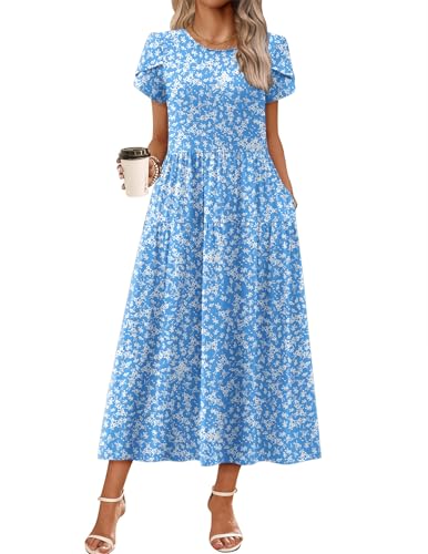 Image of Zeagoo Summer Dresses for Women 2026 Maxi Bohemian Floral Short Sleeve Long Dress Casual Flowy Tired Beach Sundress