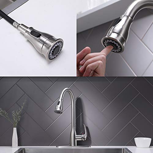 Hotis Commercial Pull Out Single Handle Stainless Steel Pull Down Sprayer Kitchen Sink Faucet, Brushed Nickel Kitchen Faucet with Plate