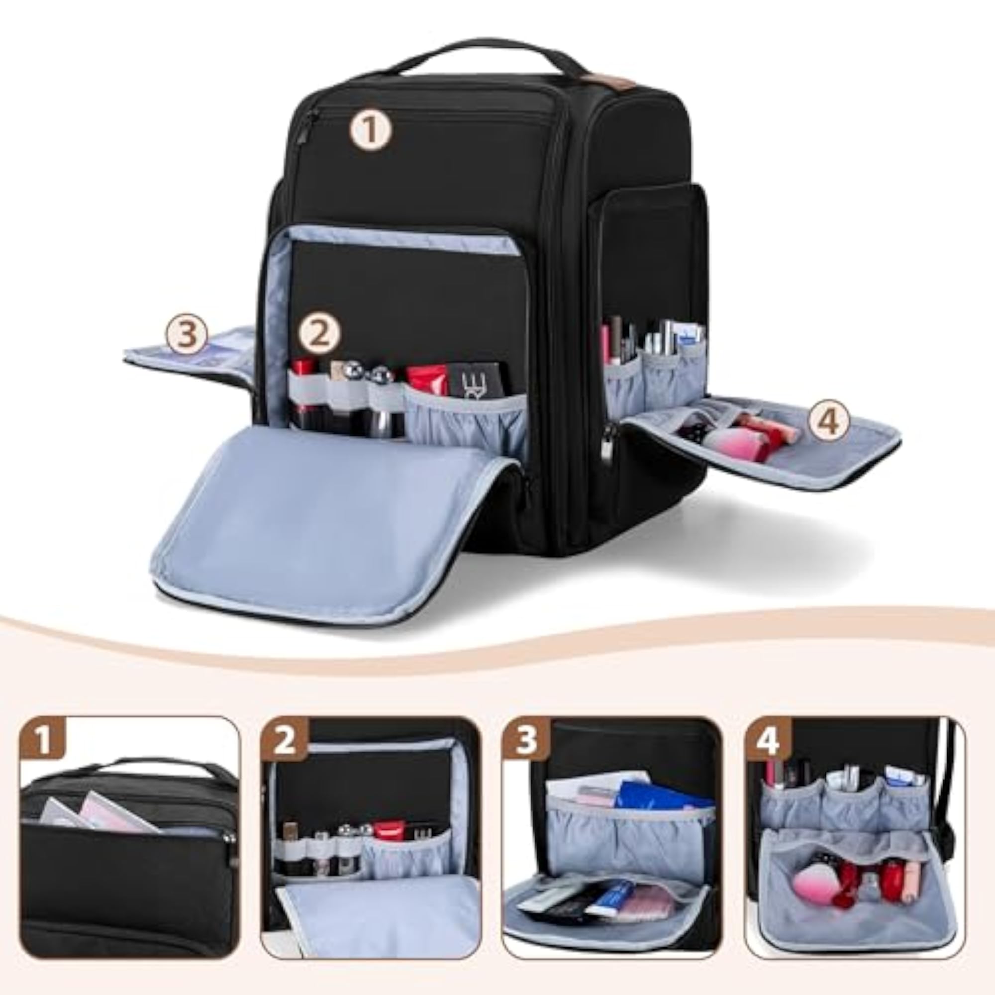 Large Makeup Backpack, Black, With Laptop Compartment