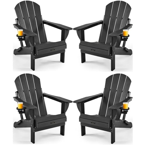 Ciokea Folding Adirondack Chair 4 Pack, Patio Adirondack Chair Weather Resistant, Plastic Fire Pit Chair with Cup Holder, Lawn Chair for Outdoor Porch Garden Backyard Deck (Black)