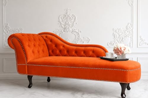 Image of Velvet Modern Chesterfield Chaise Lounge Couch 166 X 63 X 76 for Your Loving Space (Orange-L, Left Arm)