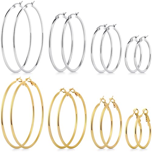 Gold Hoop Earrings for Women, 14K Gold Plated & Silver Hoops, Hypoallergenic Stainless Steel Classic Thin Large Set 30/40/50/60MM, 8 Pairs