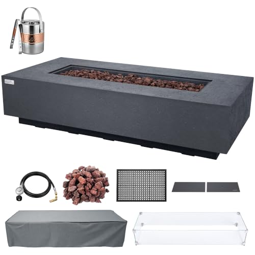 Image of AMS Creations | Savanah 72 inch Bundle Rectangular Cast Concrete Natural Gas Fire Pit Table | Dark Gray | Travertine Texture Surface | Electronic Ignition | Outdoor Patio Heater Outside Backyard Fireplace