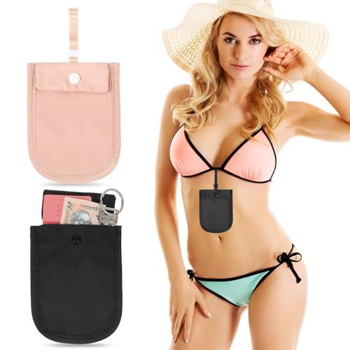 Image of 2 PCS Travel Bra Wallet for Women, Hidden Undercover Travel Bra Pouch for Women (Washable) Under Clothes Money Belt Pouch Secret for Passport Money Valuables for All Bra Sizes(4x5.4 Inch Black, Pink)