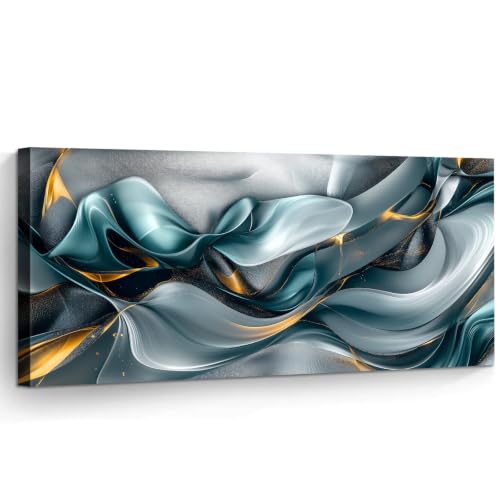 Teal and Gold Abstract Canvas Wall Art Modern Silk Waves Decor