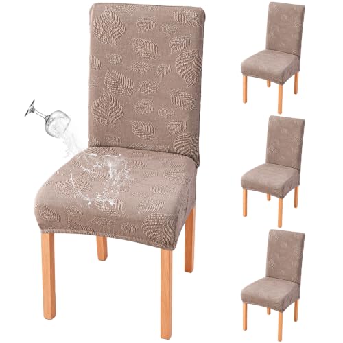 Image of Waterproof Dining Chair Covers Set of 4,Stretch Dining Room Chair Slipcovers with Leaf Jacquard,Removable Kitchen Chair Protector for Home,Restaurant,Banquet-Taupe | Stretch Dining Room Chair Slipcovers with Leaf Jacquard,Removable Kitchen Chair Protector for Home,Restaurant,Banquet